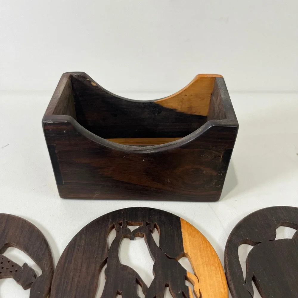 Vtg Wooden Coaster‎ Set 6pc African Safari Animals Boho Decor Jungle Tribal